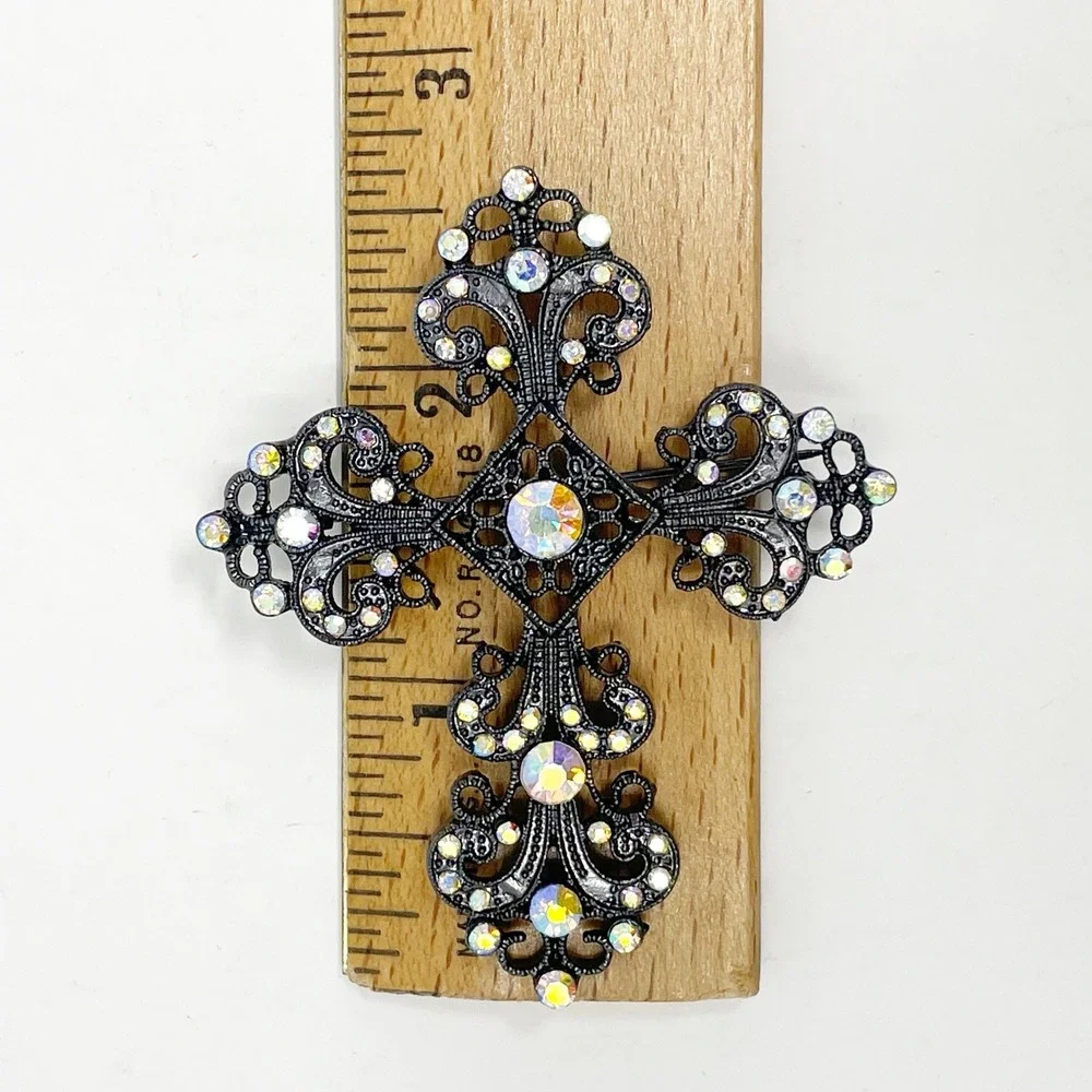 Gunmetal Cross Brooch AB Rhinestone Filigree Gothic Dark Fairy Vampire Core 2.5